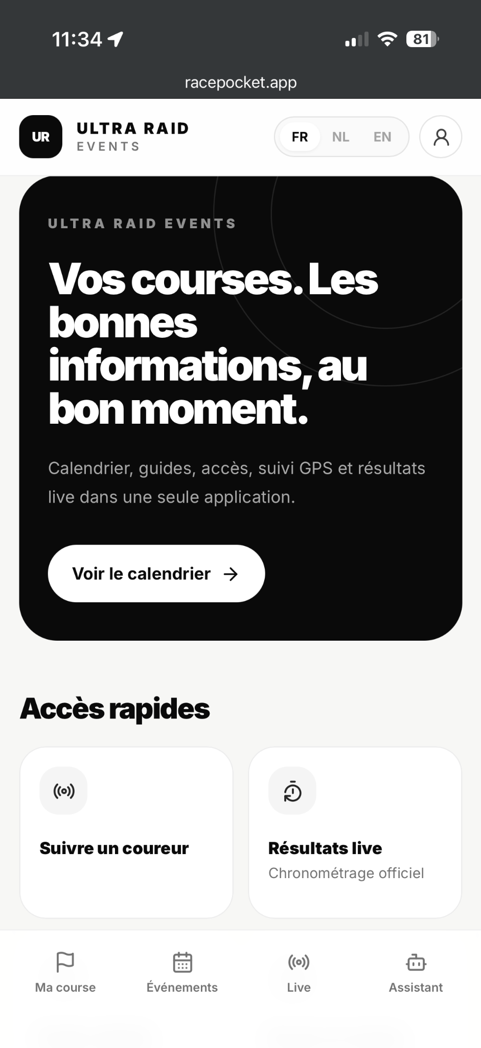 Aperçu de RacePocket sur mobile : événements, suivi d’un coureur et résultats live.